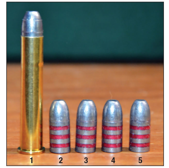 Due to a wide range in barrel groove diameters  of rifles and revolvers chambered for some  cartridges, some Rim Rock bullets are available in several diameters. The Top Shelf 240-grain bullet for the 38-55 Winchester shown here  is offered in four diameters ranging from .377  to .380 inch. Slugging the barrel of my Marlin  336 Cowboy revealed a groove diameter of  .376 inch, and the 377-inch bullet proved to  be right for it. Bullets include: (1) 38-55 loaded with the .377-inch bullet, (2) .377-inch bullet,  (3) .378-inch bullet, (4) .379-inch bullet and  (5) .380-inch bullet.